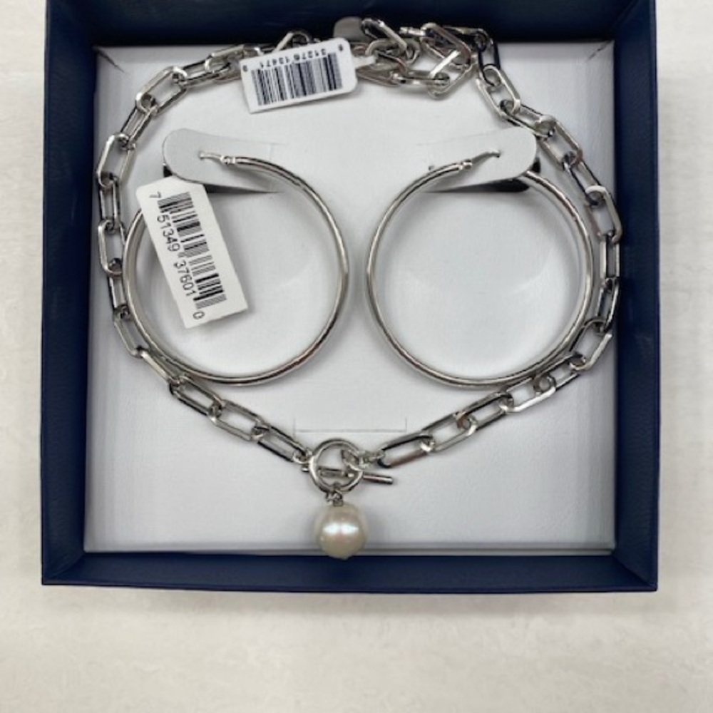 Paperclip Toggle Necklace with 12mm Freshwater Pearl, 18" + Hoop Earrings